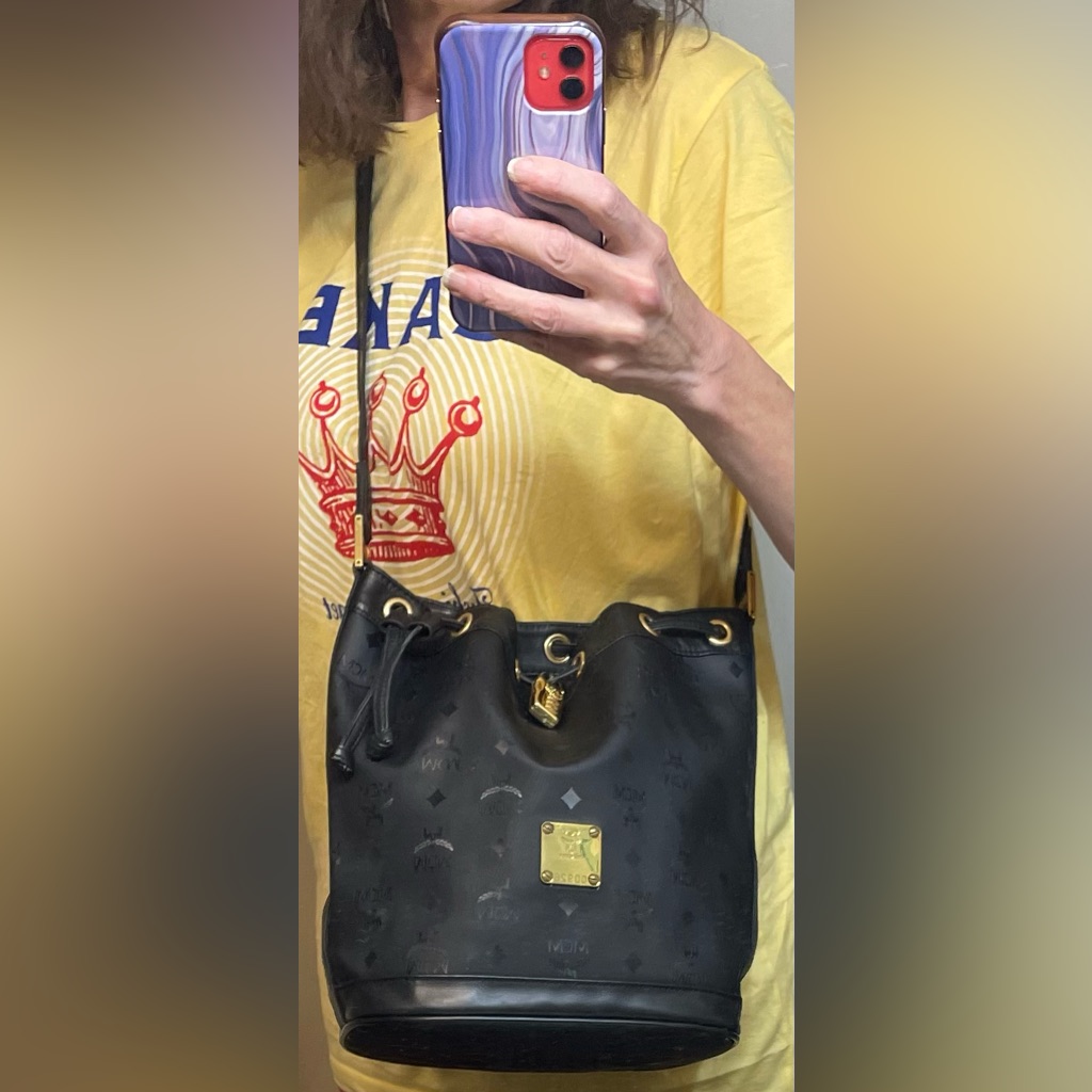 Mcm Authentic Logo Drawstring Nylon Bucket Bag W/ Golden Hardware & Leather Trim